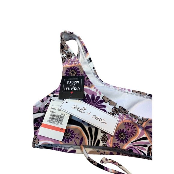 Salt + Cove Juniors Printed One-Shoulder Side-Shirred Bikini Top XS - Picture 3 of 4